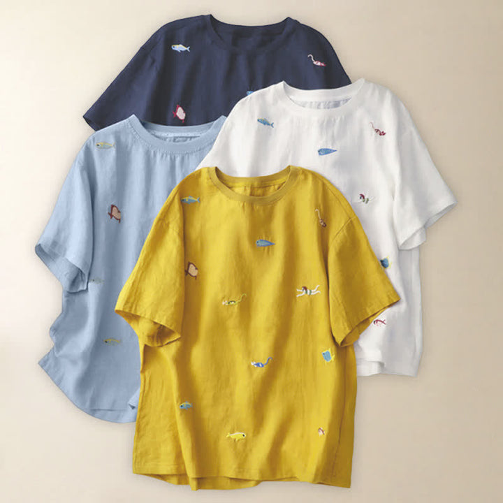 Buddha Stones Summer Casual Embroidery Fish Motif Women's Short Sleeve T-Shirts - image 28