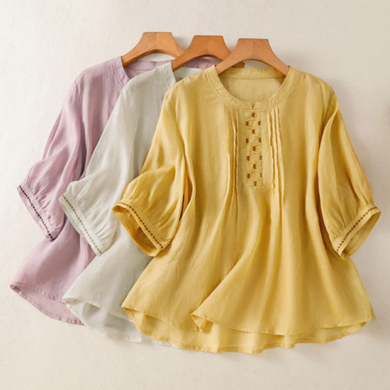 Buddha Stones Summer Casual Solid Embroidery Pleated Front Women's Short Sleeve T-Shirts - image 22