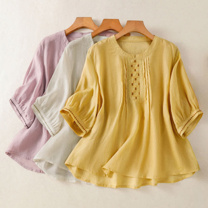 Buddha Stones Summer Casual Solid Embroidery Pleated Front Women's Short Sleeve T-Shirts - image 22