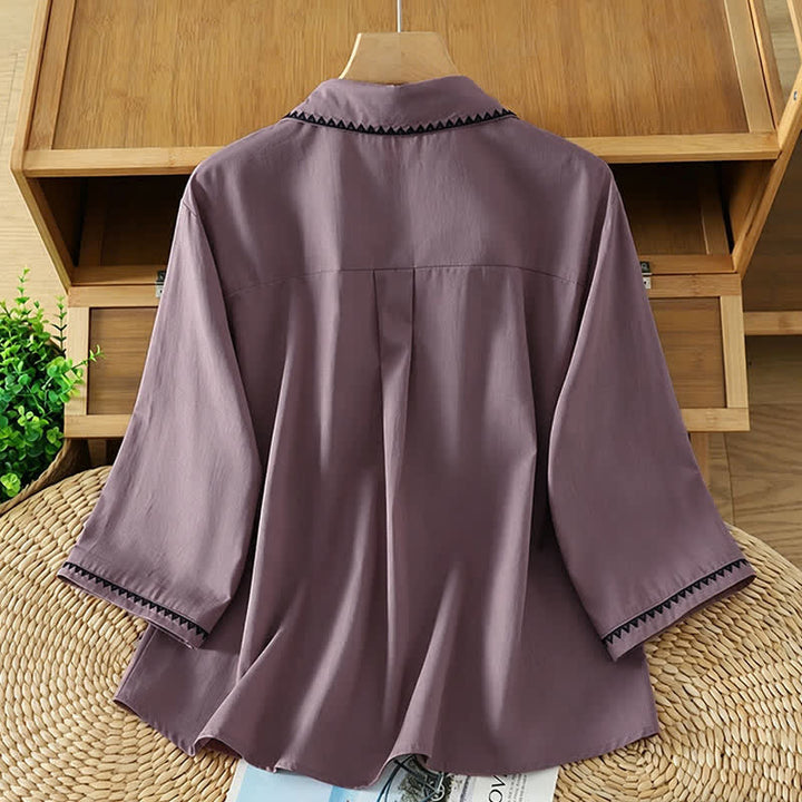 Buddha Stones Summer Casual Minimalist Wavy Line Button-Up Solid Women's Short Sleeve Shirts - image 7