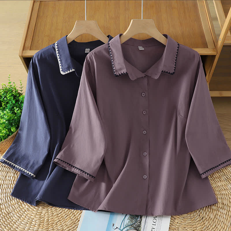 Buddha Stones Summer Casual Minimalist Wavy Line Button-Up Solid Women's Short Sleeve Shirts - image 16