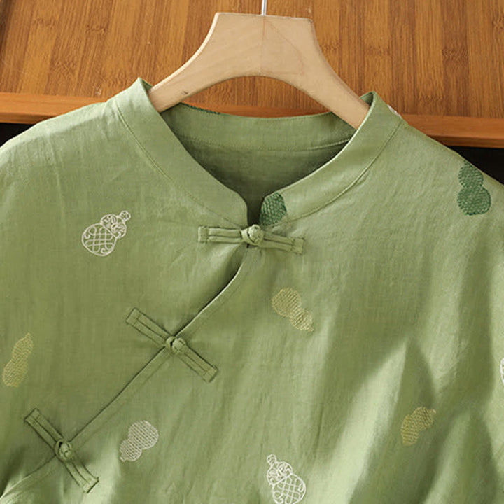 Buddha Stones Summer Tang Style Mandarin Collar Frog Button Gourd Embroidery Women's Short Sleeve Shirts - image 2