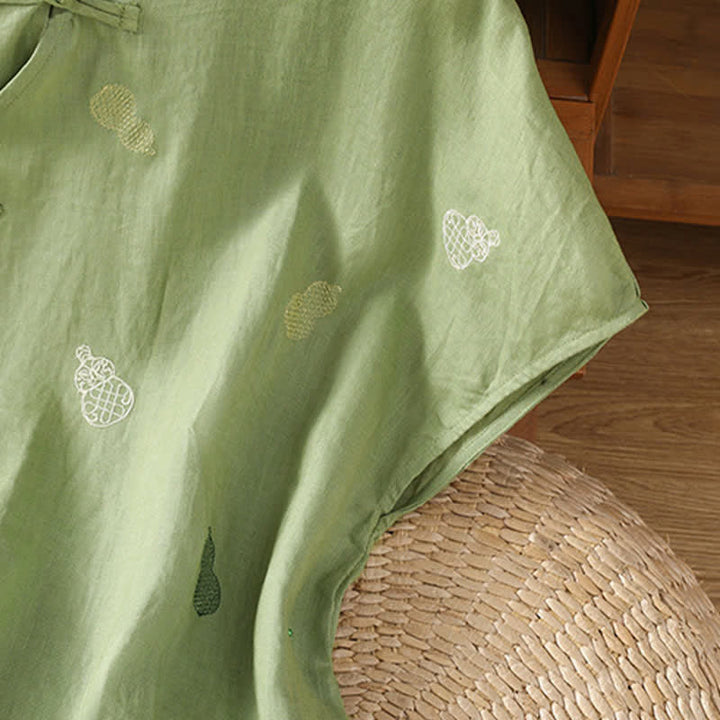 Buddha Stones Summer Tang Style Mandarin Collar Frog Button Gourd Embroidery Women's Short Sleeve Shirts - image 3