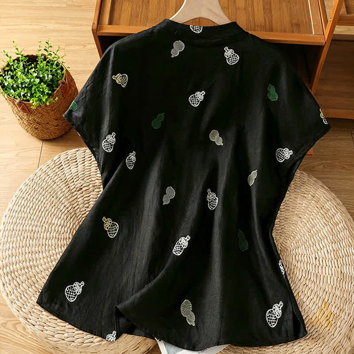 Buddha Stones Summer Tang Style Mandarin Collar Frog Button Gourd Embroidery Women's Short Sleeve Shirts - image 8