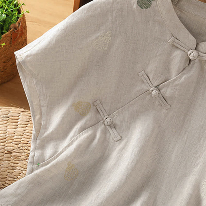 Buddha Stones Summer Tang Style Mandarin Collar Frog Button Gourd Embroidery Women's Short Sleeve Shirts - image 16