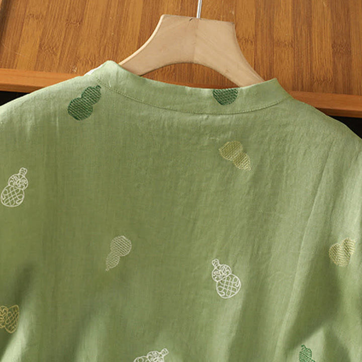 Buddha Stones Summer Tang Style Mandarin Collar Frog Button Gourd Embroidery Women's Short Sleeve Shirts - image 4