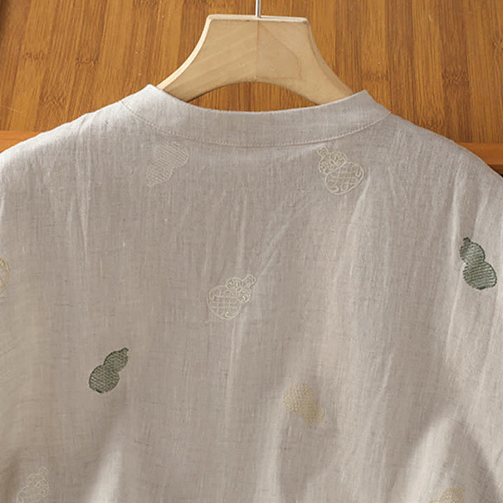 Buddha Stones Summer Tang Style Mandarin Collar Frog Button Gourd Embroidery Women's Short Sleeve Shirts - image 15