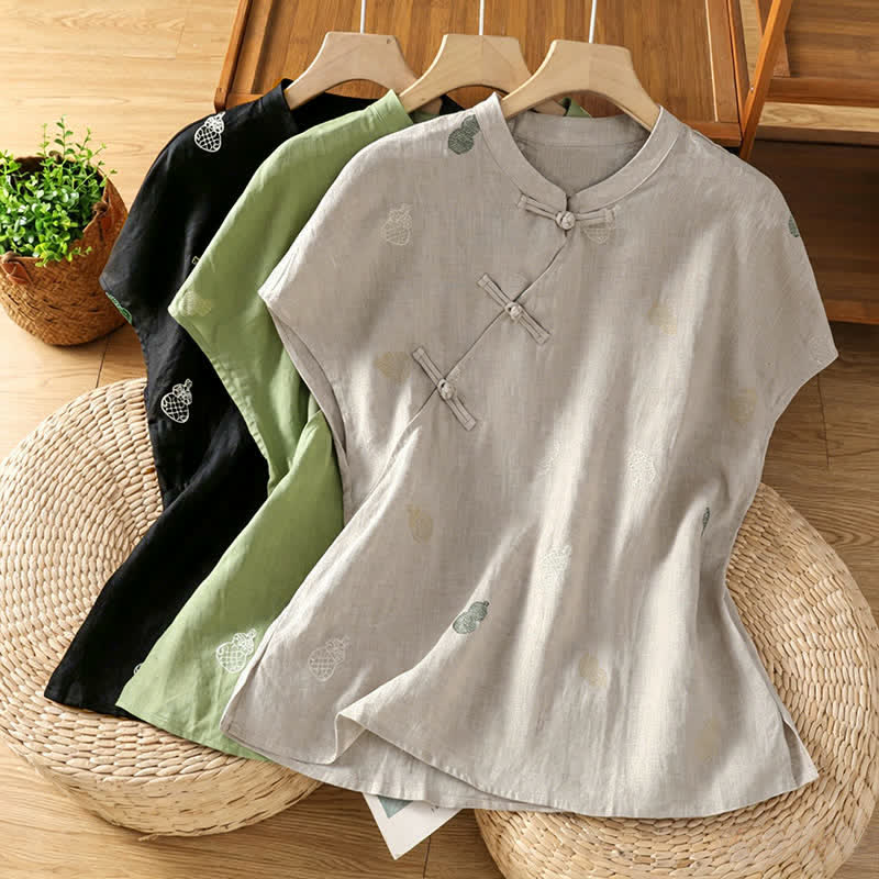 Buddha Stones Summer Tang Style Mandarin Collar Frog Button Gourd Embroidery Women's Short Sleeve Shirts - image 19
