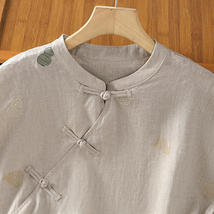 Buddha Stones Summer Tang Style Mandarin Collar Frog Button Gourd Embroidery Women's Short Sleeve Shirts - image 14