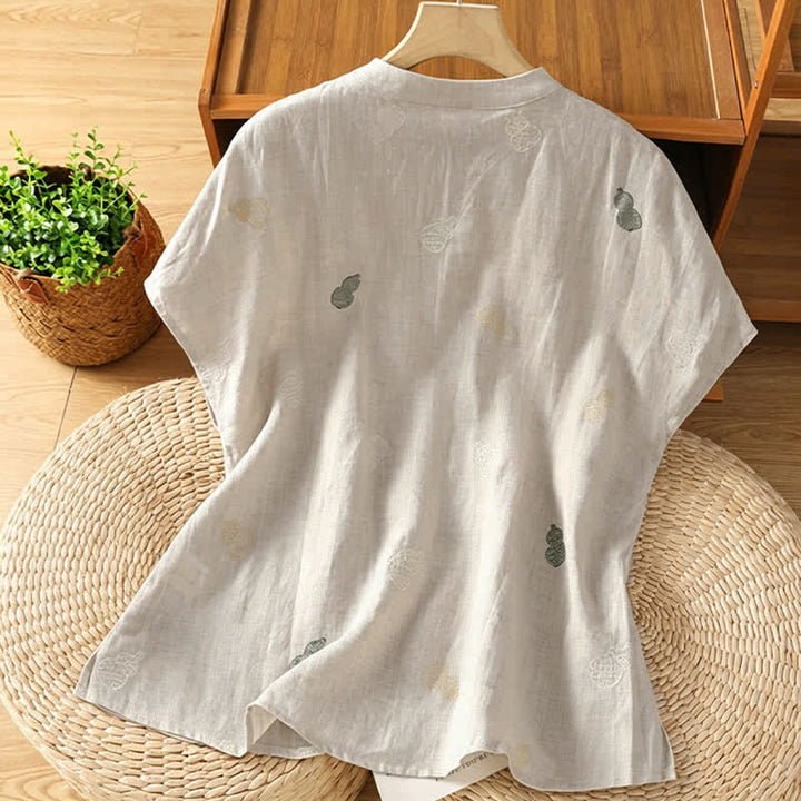 Buddha Stones Summer Tang Style Mandarin Collar Frog Button Gourd Embroidery Women's Short Sleeve Shirts - image 13