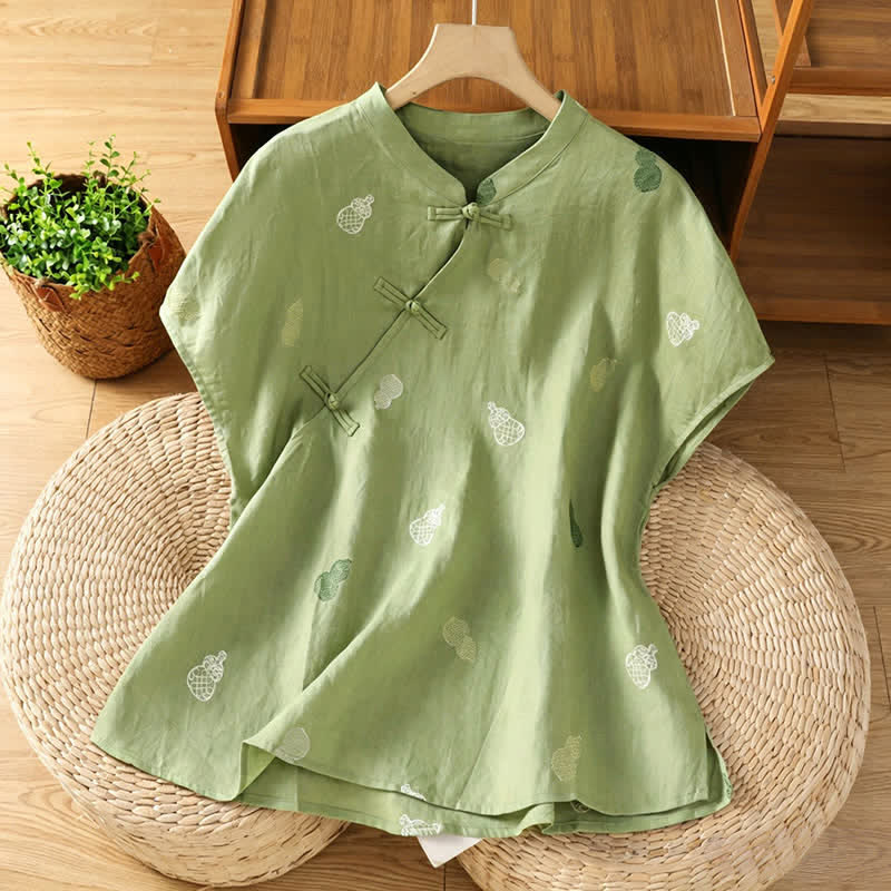 Buddha Stones Summer Tang Style Mandarin Collar Frog Button Gourd Embroidery Women's Short Sleeve Shirts - DarkSeaGreen - US12, UK/AU16, EU44 (2XL) - image 0