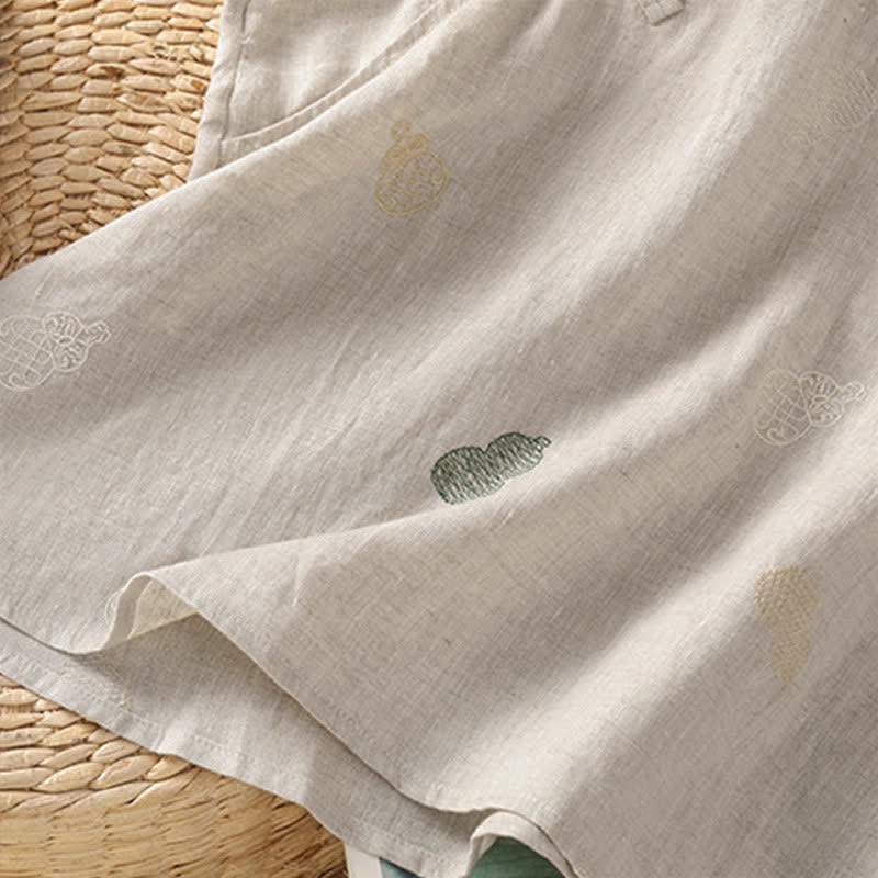 Buddha Stones Summer Tang Style Mandarin Collar Frog Button Gourd Embroidery Women's Short Sleeve Shirts - image 17
