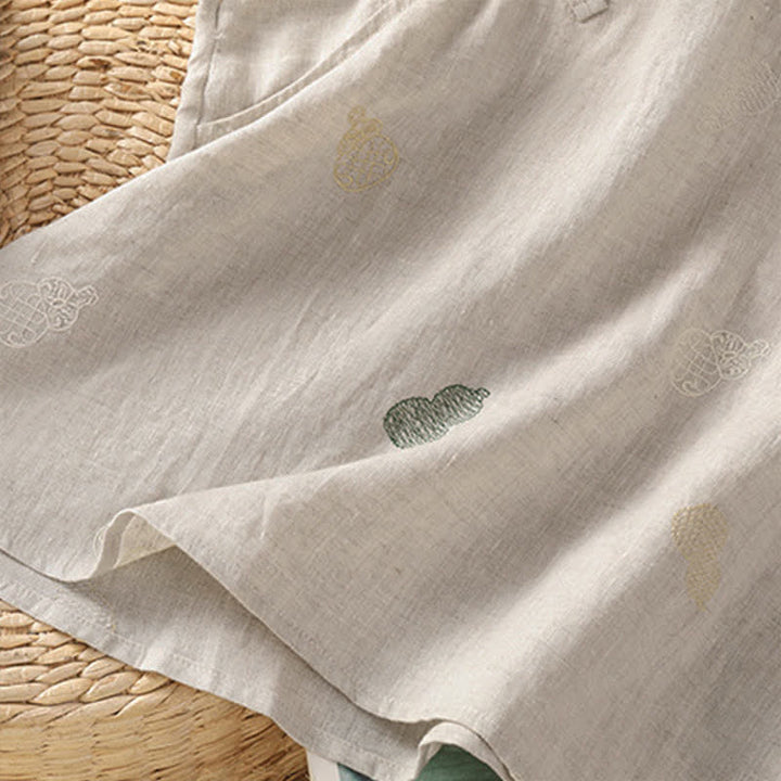 Buddha Stones Summer Tang Style Mandarin Collar Frog Button Gourd Embroidery Women's Short Sleeve Shirts - image 17