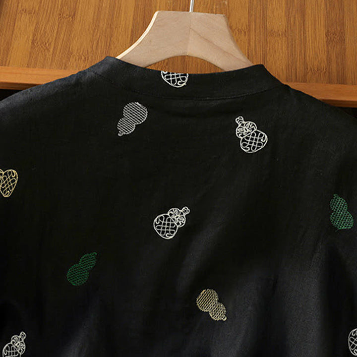 Buddha Stones Summer Tang Style Mandarin Collar Frog Button Gourd Embroidery Women's Short Sleeve Shirts - image 10