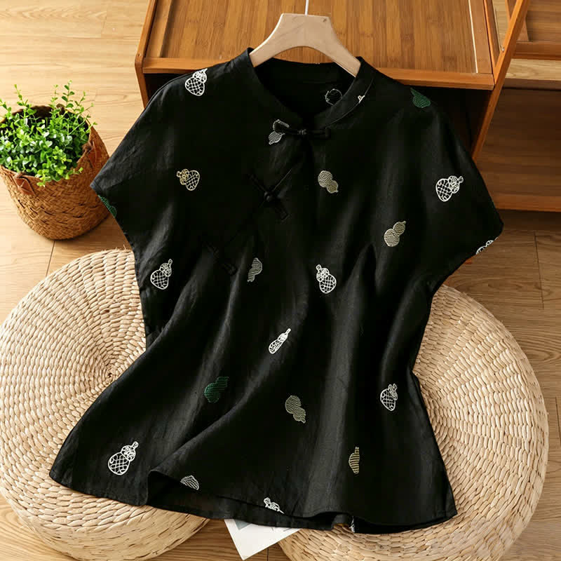 Buddha Stones Summer Tang Style Mandarin Collar Frog Button Gourd Embroidery Women's Short Sleeve Shirts - Black - US12, UK/AU16, EU44 (2XL) - image 7