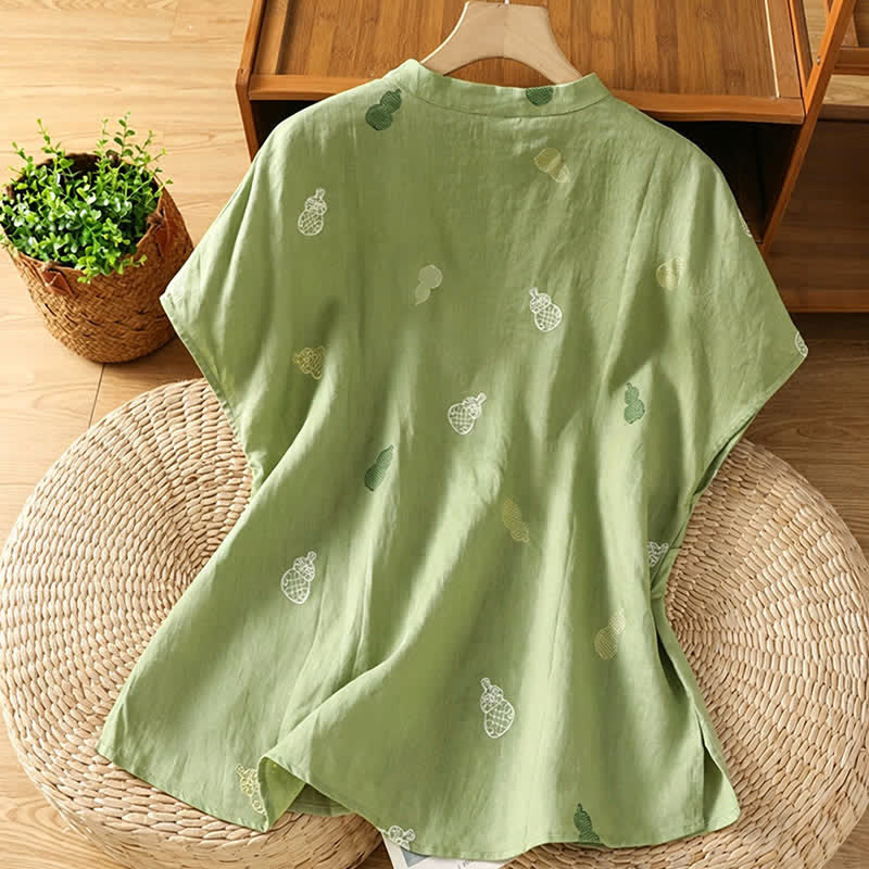 Buddha Stones Summer Tang Style Mandarin Collar Frog Button Gourd Embroidery Women's Short Sleeve Shirts - image 1
