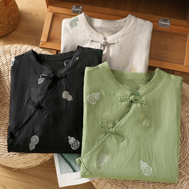 Buddha Stones Summer Tang Style Mandarin Collar Frog Button Gourd Embroidery Women's Short Sleeve Shirts - image 20