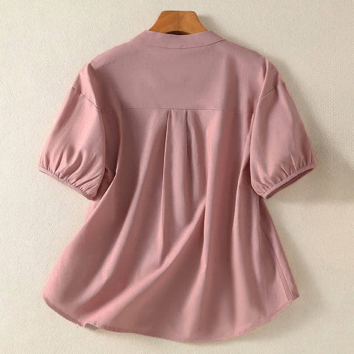 Buddha Stones Summer Casual Mandarin Collar Half Button Solid Puff Sleeve Women's Short Sleeve Shirts - image 9
