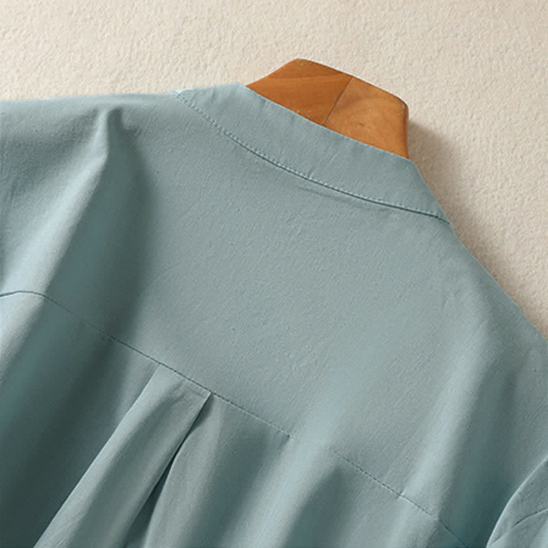 Buddha Stones Summer Casual Mandarin Collar Half Button Solid Puff Sleeve Women's Short Sleeve Shirts - image 3
