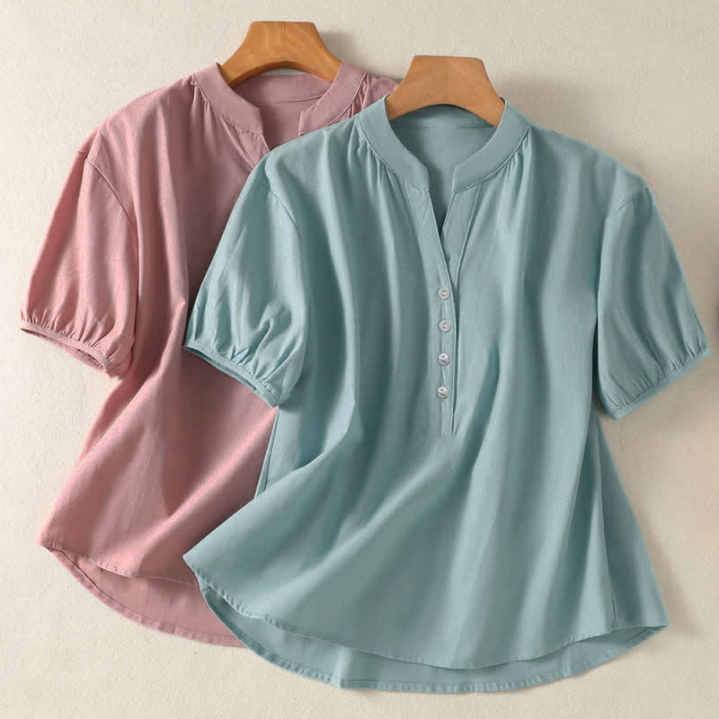 Buddha Stones Summer Casual Mandarin Collar Half Button Solid Puff Sleeve Women's Short Sleeve Shirts - image 15