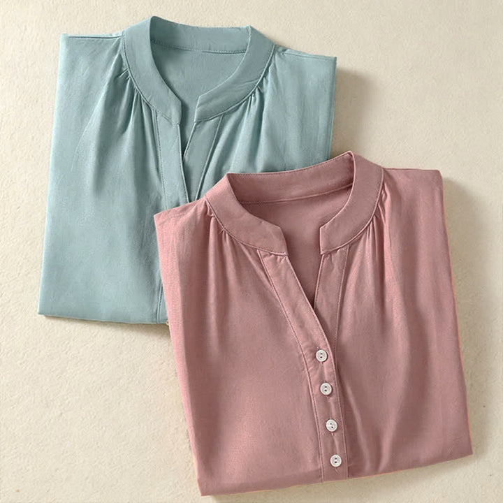 Buddha Stones Summer Casual Mandarin Collar Half Button Solid Puff Sleeve Women's Short Sleeve Shirts - image 16