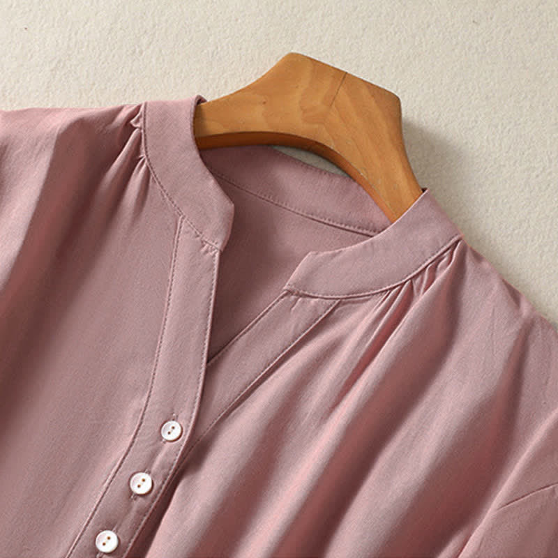 Buddha Stones Summer Casual Mandarin Collar Half Button Solid Puff Sleeve Women's Short Sleeve Shirts - image 10