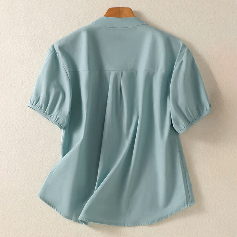 Buddha Stones Summer Casual Mandarin Collar Half Button Solid Puff Sleeve Women's Short Sleeve Shirts - image 1