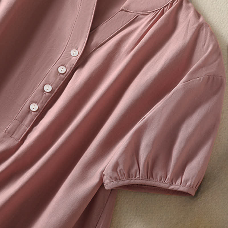 Buddha Stones Summer Casual Mandarin Collar Half Button Solid Puff Sleeve Women's Short Sleeve Shirts - image 12