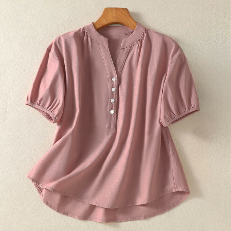 Buddha Stones Summer Casual Mandarin Collar Half Button Solid Puff Sleeve Women's Short Sleeve Shirts - RosyBrown - US8-10, UK/AU12-14, EU40-42 (2XL) - image 8