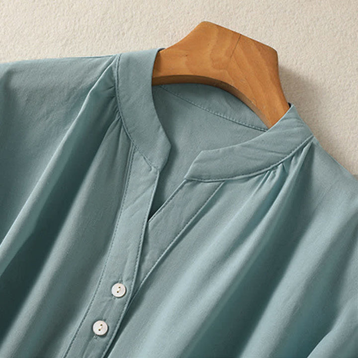 Buddha Stones Summer Casual Mandarin Collar Half Button Solid Puff Sleeve Women's Short Sleeve Shirts - image 2