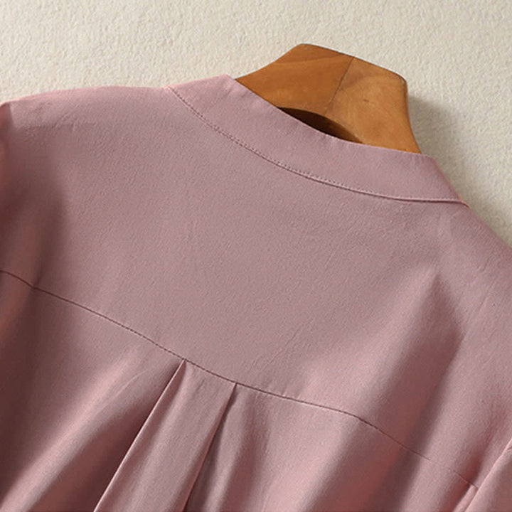 Buddha Stones Summer Casual Mandarin Collar Half Button Solid Puff Sleeve Women's Short Sleeve Shirts - image 11