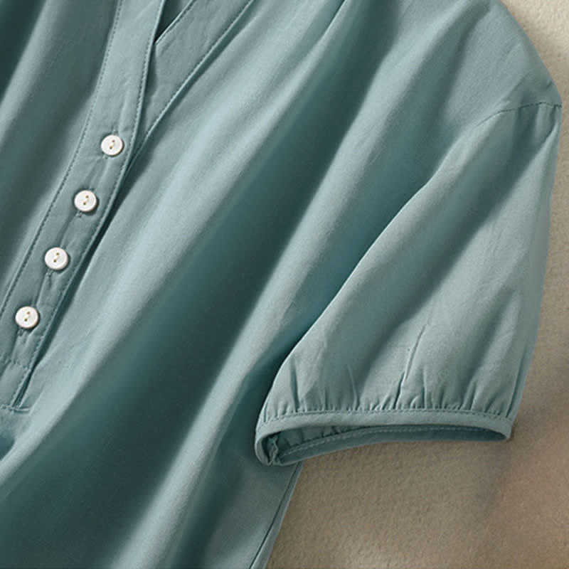 Buddha Stones Summer Casual Mandarin Collar Half Button Solid Puff Sleeve Women's Short Sleeve Shirts - image 4