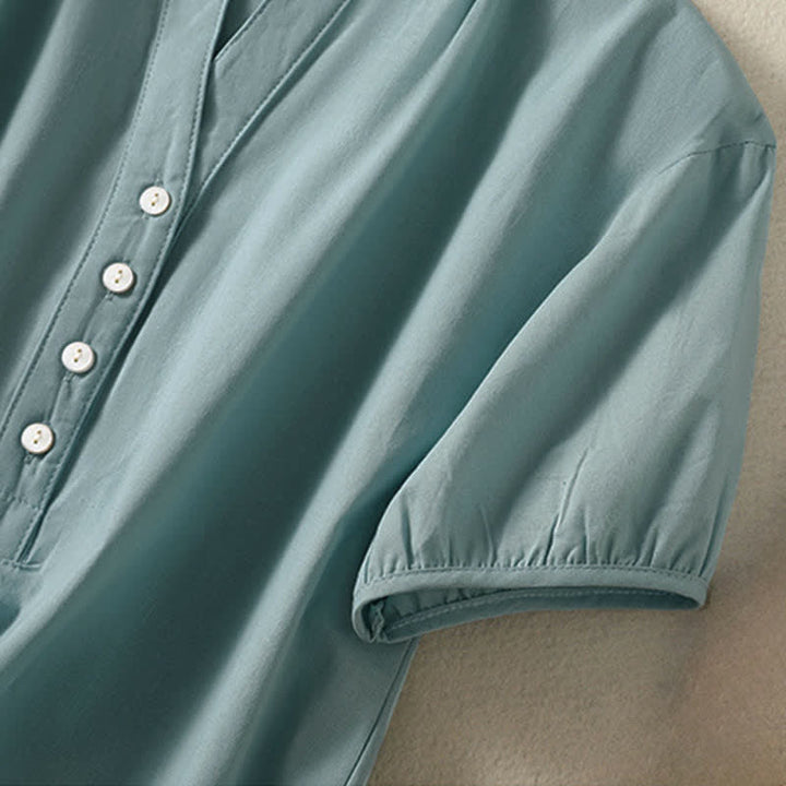Buddha Stones Summer Casual Mandarin Collar Half Button Solid Puff Sleeve Women's Short Sleeve Shirts - image 4