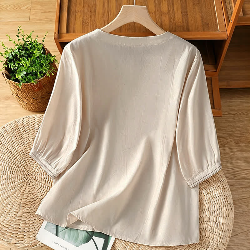 Buddha Stones Summer Vintage Geometric Embroidery Button-Up Solid Women's Short Sleeve Shirts - image 1