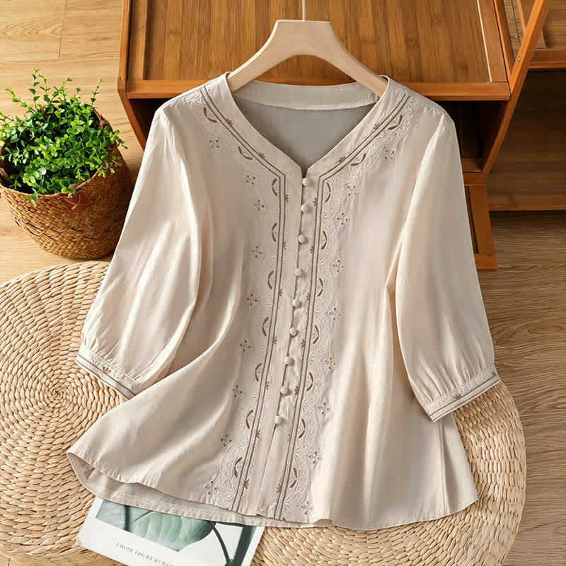 Buddha Stones Summer Vintage Geometric Embroidery Button-Up Solid Women's Short Sleeve Shirts - AntiqueWhite - US8-10, UK/AU12-14, EU40-42 (2XL) - image 0