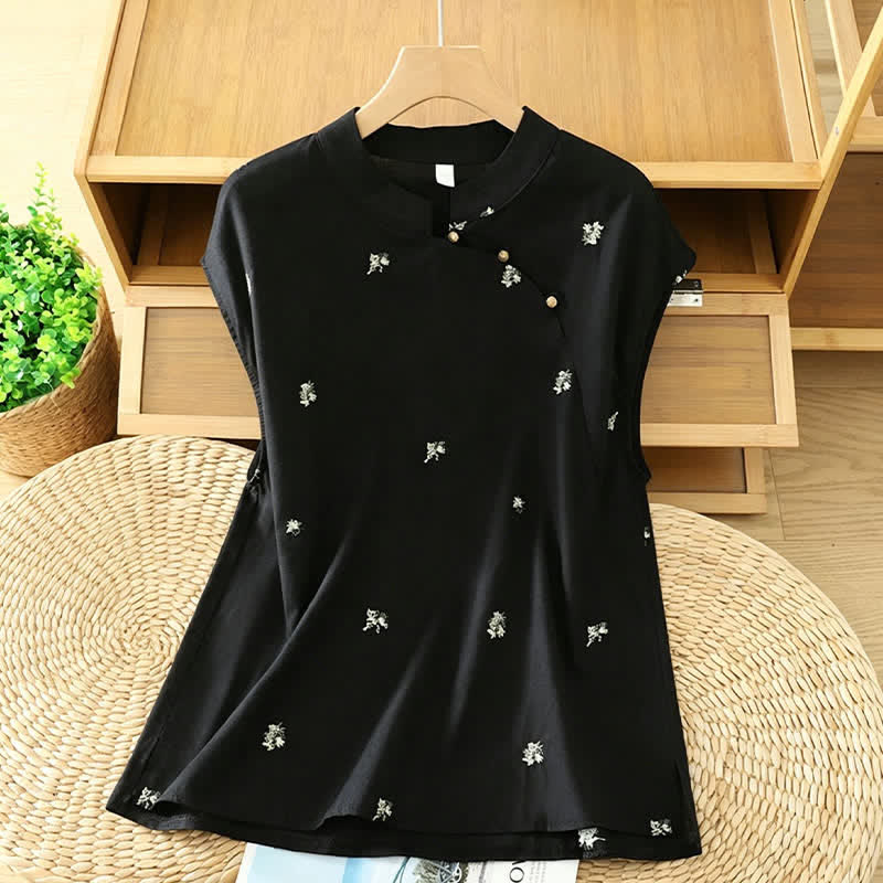 Buddha Stones Summer Vintage Tang Style Mandarin Collar Embroidery Small Floral Tank Top Women's Sleeveless Shirts - Black - US12, UK/AU16, EU44 (2XL) - image 0