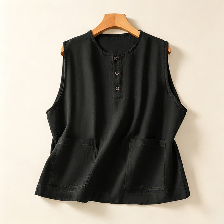 Buddha Stones Summer Casual Minimalist Button-Up Solid Women's Sleeveless Shirts Tank Top With Patch Pocket - Black - US12, UK/AU16, EU44 (2XL) - image 7