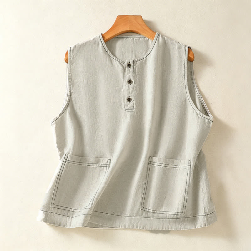 Buddha Stones Summer Casual Minimalist Button-Up Solid Women's Sleeveless Shirts Tank Top With Patch Pocket - Beige - US12, UK/AU16, EU44 (2XL) - image 0