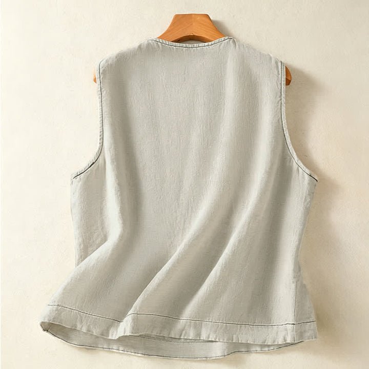Buddha Stones Summer Casual Minimalist Button-Up Solid Women's Sleeveless Shirts Tank Top With Patch Pocket - image 1