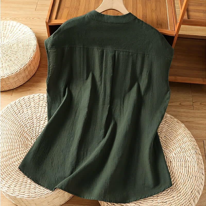 Buddha Stones Summer Tang Style Casual Mandarin Collar Button-Up Solid Patch Pocket Women's Sleeveless Shirts Tank Top - image 10