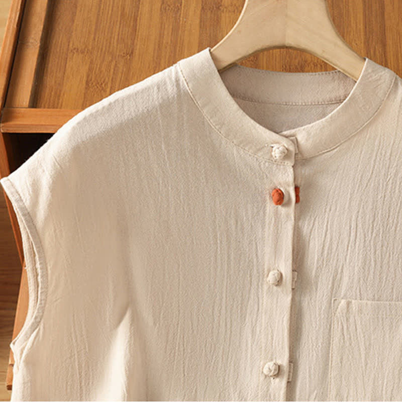 Buddha Stones Summer Tang Style Casual Mandarin Collar Button-Up Solid Patch Pocket Women's Sleeveless Shirts Tank Top - image 2
