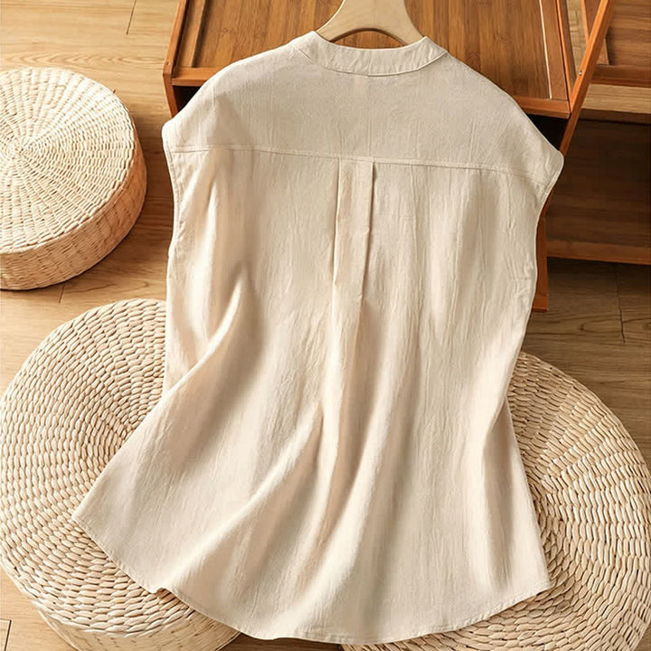 Buddha Stones Summer Tang Style Casual Mandarin Collar Button-Up Solid Patch Pocket Women's Sleeveless Shirts Tank Top - image 1