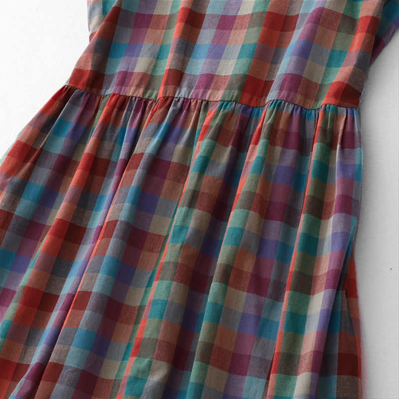Buddha Stones Summer Casual Vintage Drawstring Rainbow Plaid Women's Summer Sleeveless Dress - image 6