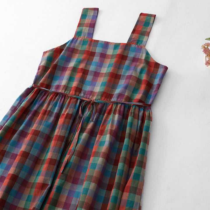 Buddha Stones Summer Casual Vintage Drawstring Rainbow Plaid Women's Summer Sleeveless Dress - image 4