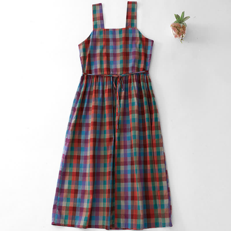 Buddha Stones Summer Casual Vintage Drawstring Rainbow Plaid Women's Summer Sleeveless Dress - image 1