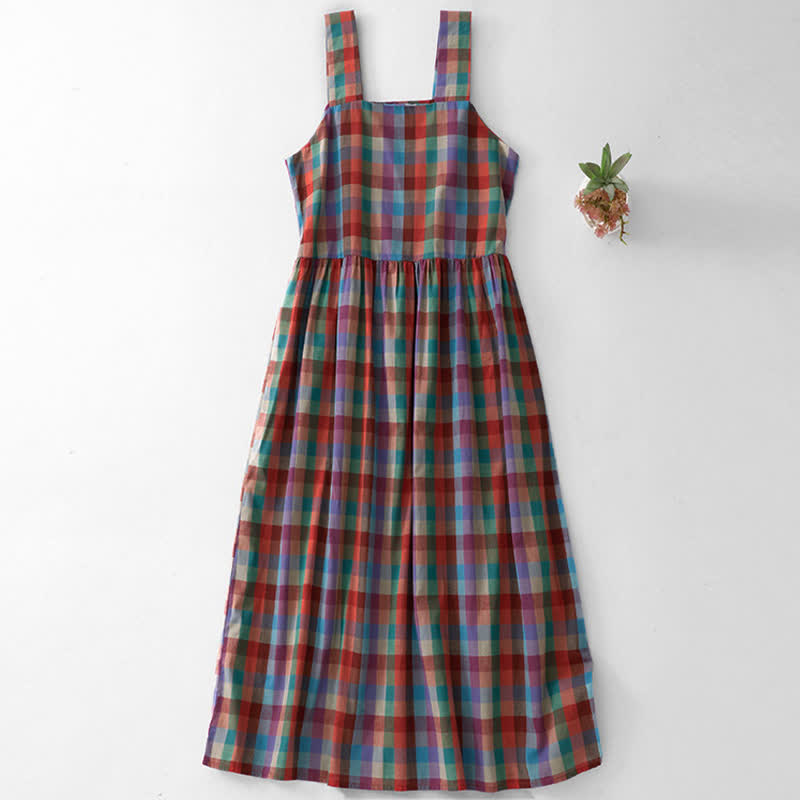 Buddha Stones Summer Casual Vintage Drawstring Rainbow Plaid Women's Summer Sleeveless Dress - Sienna - US12, UK/AU16, EU44 (2XL) - image 0