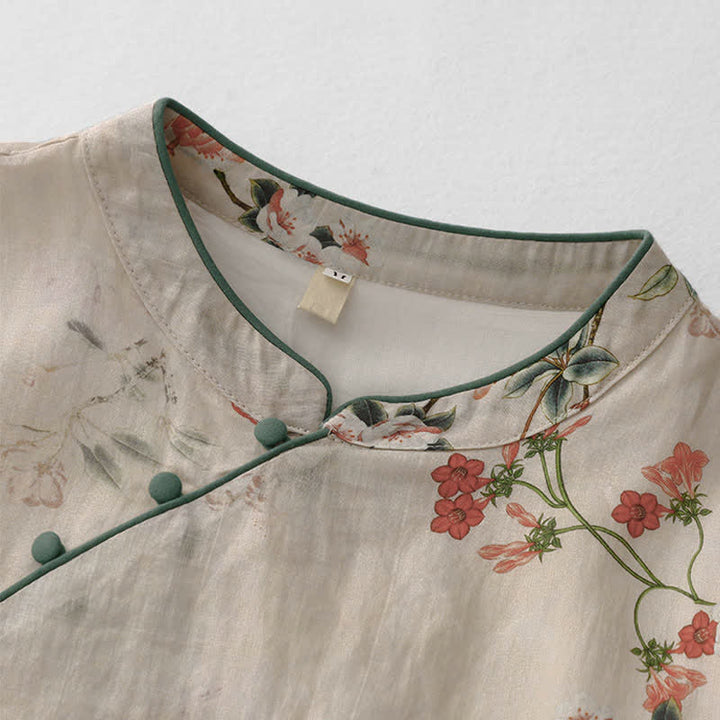 Buddha Stones Summer Tang Style Mandarin Collar Small Red Flowers Women's Short Sleeve Dress - image 3