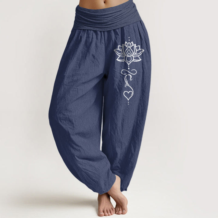 Buddha Stones Pure Cotton Lotus Heart Pattern Women's Elastic Waist Harem Pants - DarkSlateBlue - US16，UK/AU20，EU48 (3XL) - image 5