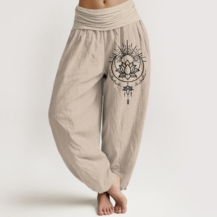 Buddha Stones Pure Cotton Lotus Pattern Women's Elastic Waist Harem Pants - Tan - US16，UK/AU20，EU48 (3XL) - image 0
