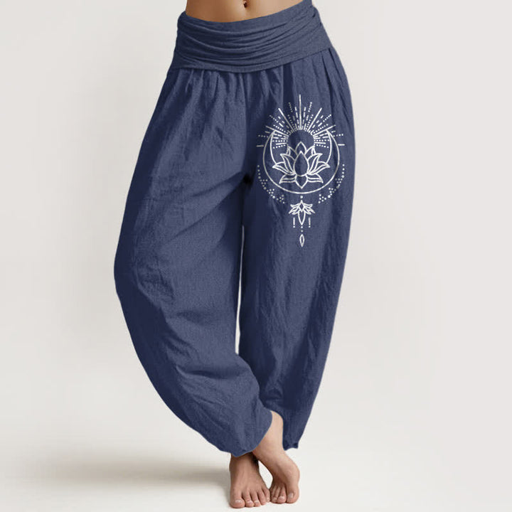 Buddha Stones Pure Cotton Lotus Pattern Women's Elastic Waist Harem Pants - DarkSlateBlue - US16，UK/AU20，EU48 (3XL) - image 8